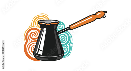 Stylized illustration of a black cezve with an orange handle and swirling decorative elements.