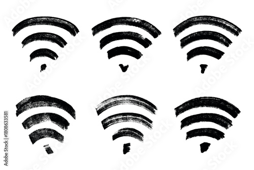 Set of hand drawn free wifi spot zone sign Public wi-fi area sign Wireless internet clipart in doodle style Single element for print, web, design, decor 3G, 4G, 5G, 6G, IoT