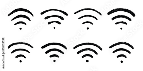 Set of hand drawn free wifi spot zone sign Public wi-fi area sign Wireless internet clipart in doodle style Single element for print, web, design, decor 3G, 4G, 5G, 6G, IoT