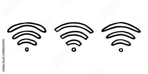 Set of hand drawn free wifi spot zone sign Public wi-fi area sign Wireless internet clipart in doodle style Single element for print, web, design, decor 3G, 4G, 5G, 6G, IoT