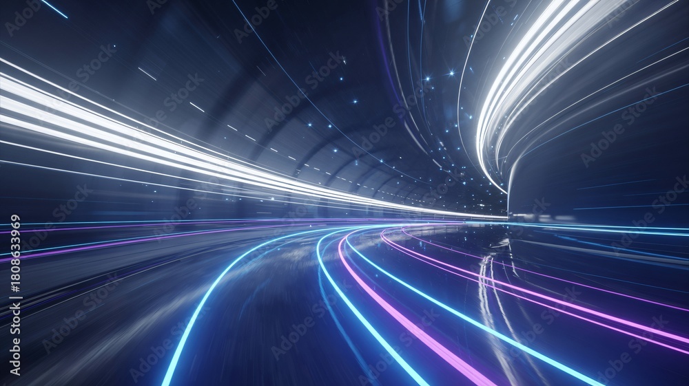 Fototapeta premium Futuristic hyperspace warp tunnel with streaking neon light trails and motion blur