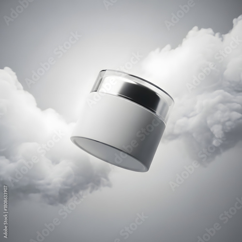 Elegant jar floats amidst ethereal clouds, a dreamy skincare experience, modern beauty