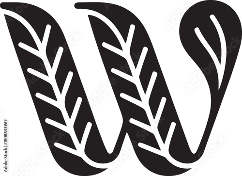 Bold graphic icon of letter w shaped from elegant leaves with intricate veins, symbolizing natural growth and organic design on white