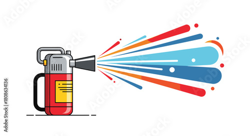 Flat illustration of a red fire extinguisher spraying colorful streams of liquid.