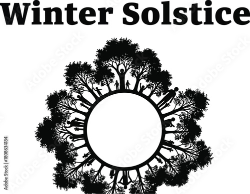 Winter solstice celebration with people and trees forming a circle