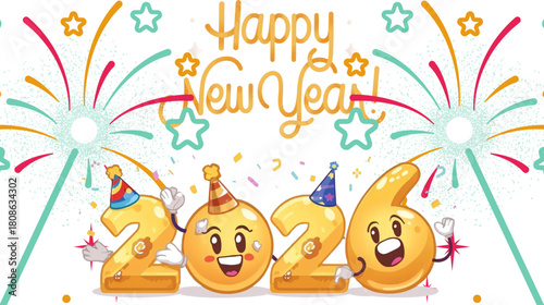 Golden Cartoon Numerals With Party Hats And Celebratory Fireworks For New Year Greeting Card
