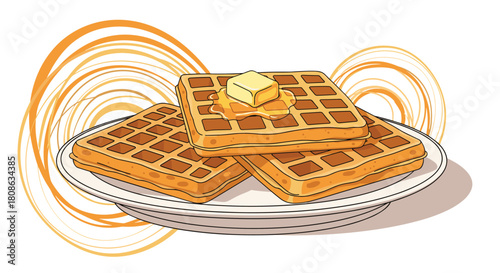 Stack of three golden brown waffles with melting butter and syrup on a white plate with orange swirls.