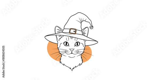 Charming line art illustration of a feline head wearing a classic witch's hat with a buckle, set against a warm orange circle.