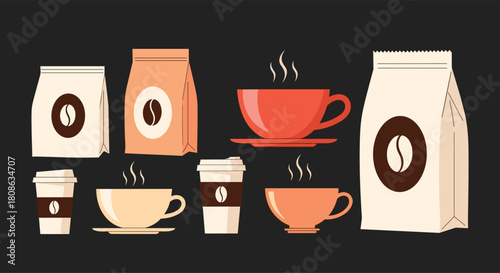 A collection of coffee bags and cups with steam on a dark background.