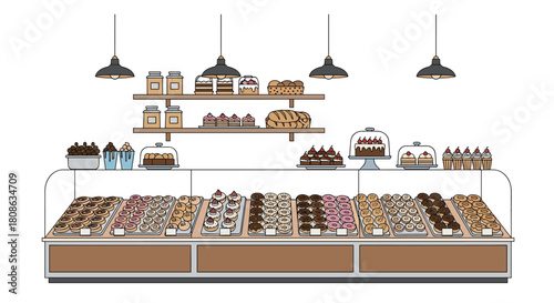 A vibrant illustration of a bakery display case filled with a wide variety of tempting pastries and doughnuts.