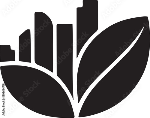 Stylized city skyline integrated with green leaf icon representing urban sustainability and eco-friendly development