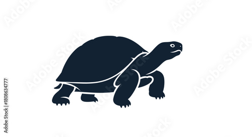 A stylized dark blue silhouette of a tortoise with a domed shell and stout legs, moving slowly across a clean white background.