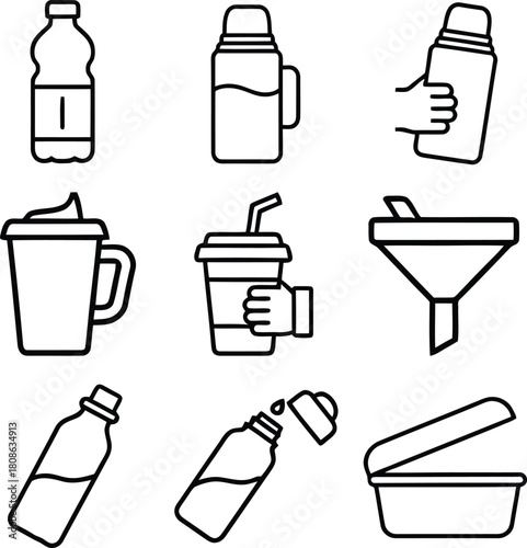 Collection of simple outline icons representing drink containers and kitchenware