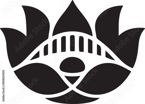 Abstract black lotus flower emblem with stylized bridge-like central element, minimalist graphic icon design isolated