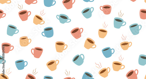 A cheerful and colorful seamless pattern of steaming coffee and tea cups in various hues, perfect for cozy designs and backgrounds.