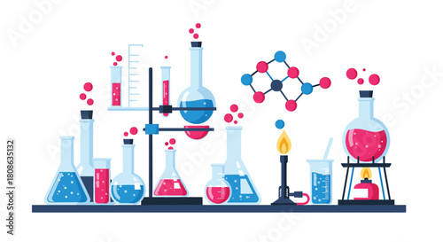 A colorful illustration of various lab equipment and a molecular structure against a white background.