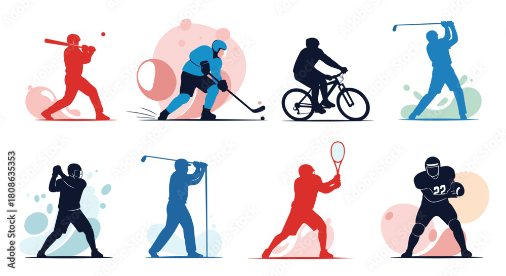 Fototapeta premium Collection of silhouetted athletes engaged in various sports activities, including baseball, hockey, cycling, golf, tennis, and American football.