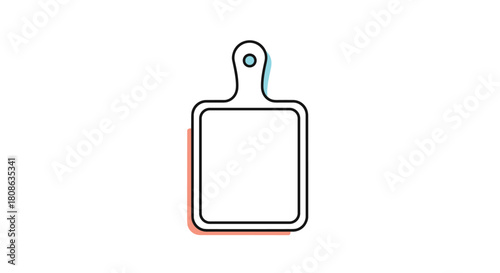 Modern minimalist line art icon of an empty rectangular cutting board with a handle, featuring subtle color accents for a contemporary design.