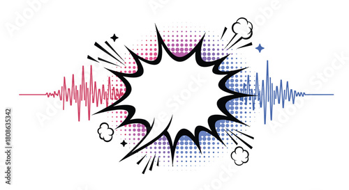 Comic book style sound wave graphic with an empty speech bubble in the center.