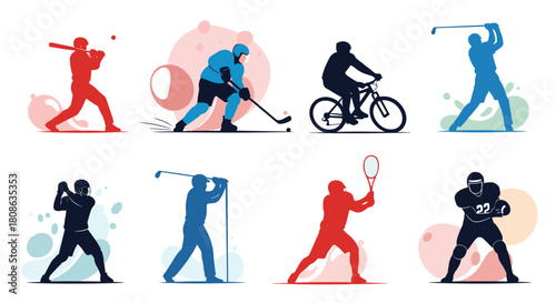 Collection of silhouetted athletes engaged in various sports activities, including baseball, hockey, cycling, golf, tennis, and American football.