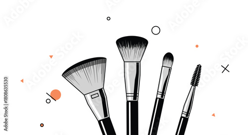Illustration of various makeup brushes arranged on a white background with small orange and black decorative elements.