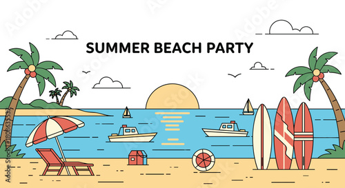 Illustration of a vibrant summer beach party scene with palm trees, surfboards, lounge chairs, and boats on the ocean.