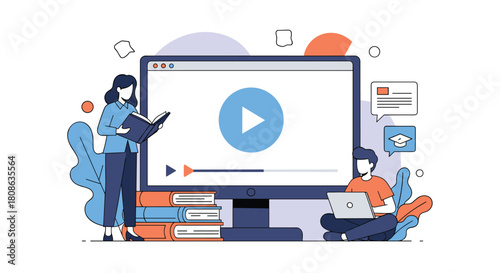 Digital education concept with people learning online via computer and books.