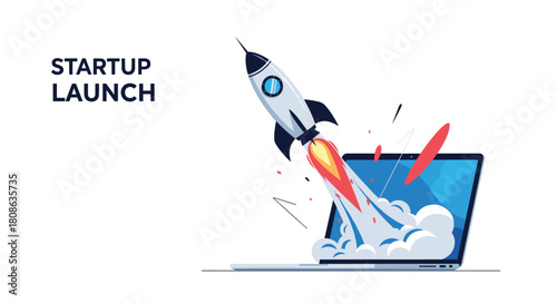 A stylized rocket launches from an open laptop screen, symbolizing a startup launch and new beginnings.