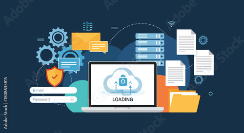 Digital illustration of cloud storage and data security with icons representing login, servers, and files.