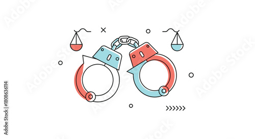 Illustration of handcuffs and scales of justice on a white background.