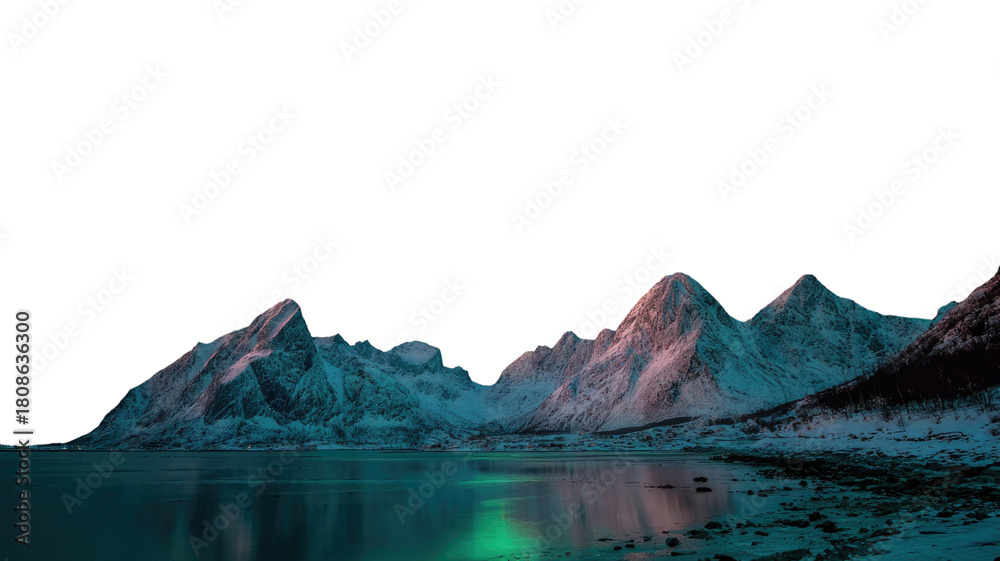 Obraz premium Scenic mountain landscape with calm lake reflecting peaks, lush greenery, and natural beauty isolated on white background