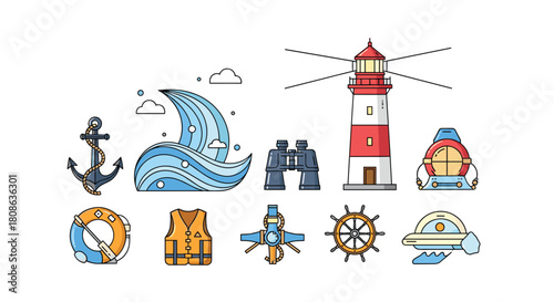 Collection of nautical-themed flat design icons, including a lighthouse, anchor, binoculars, and life vest.