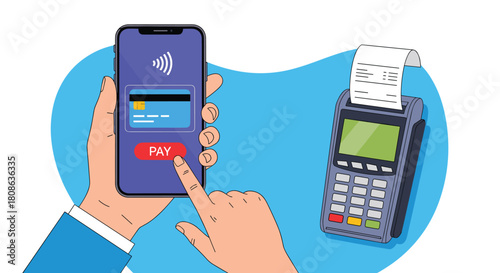 Person paying with a smartphone and credit card at a payment terminal.