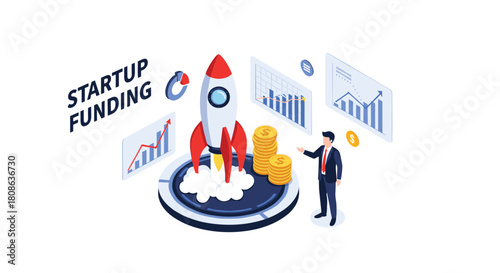Isometric illustration of a rocket launch symbolizing startup funding and business growth.