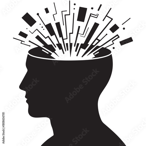 Silhouette of a human head with abstract digital shapes emerging from the brain
