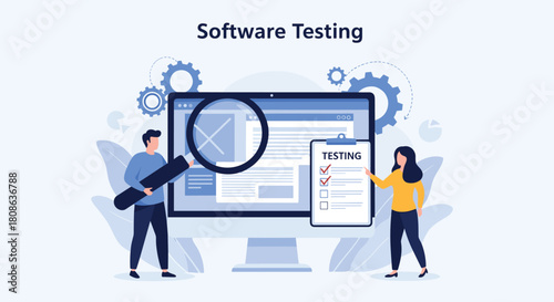 Software testing concept with people examining a computer screen and checklist.