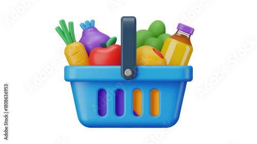 A vibrant 3D rendered blue shopping basket brimming with fresh groceries, including carrots, apples, various produce, and a juice bottle. background removed
