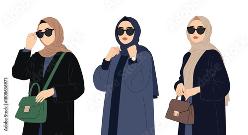 Three stylish women in hijabs and abayas posing with handbags and sunglasses.