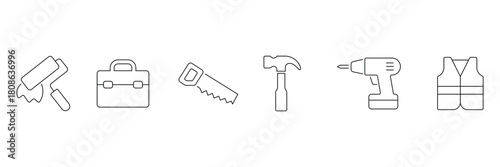 Construction tools line icons. Comprehensive handyman and construction line icon set. Containing, engineering, equipment, tool, builder and more icons.