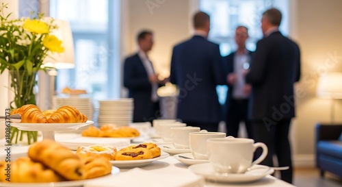 Networking and Refreshments Business Professionals Enjoying Coffee and Pastries at a Casual Meeting