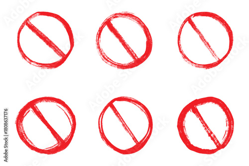 Set of hand drawn prohibition sign No entry symbol Red circle with cross line clipart in doodle style Ban Restriction Forbidden stop Single element for print, web, design