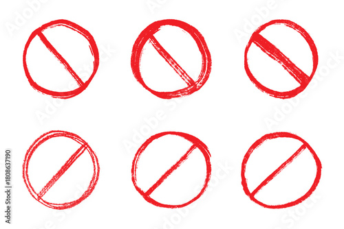 Set of hand drawn prohibition sign No entry symbol Red circle with cross line clipart in doodle style Ban Restriction Forbidden stop Single element for print, web, design