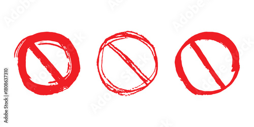 Set of hand drawn prohibition sign No entry symbol Red circle with cross line clipart in doodle style Ban Restriction Forbidden stop Single element for print, web, design