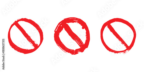 Set of hand drawn prohibition sign No entry symbol Red circle with cross line clipart in doodle style Ban Restriction Forbidden stop Single element for print, web, design