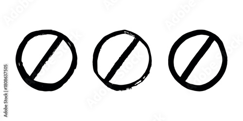 Set of hand drawn prohibition sign No entry symbol Black circle with cross line clipart in doodle style Ban Restriction Forbidden stop Single element for print, web, design