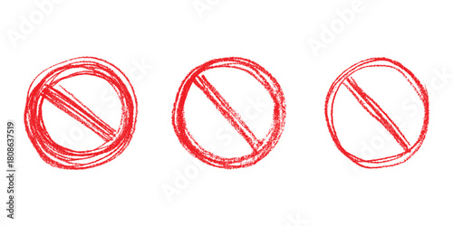 Set of hand drawn prohibition sign No entry symbol Red circle with cross line clipart in doodle style Ban Restriction Forbidden stop Single element for print, web, design