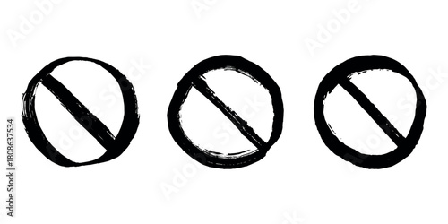 Set of hand drawn prohibition sign No entry symbol Black circle with cross line clipart in doodle style Ban Restriction Forbidden stop Single element for print, web, design