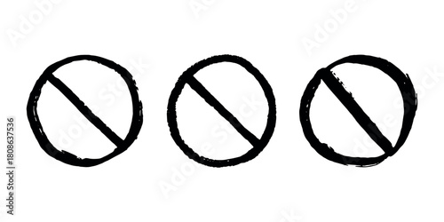 Set of hand drawn prohibition sign No entry symbol Black circle with cross line clipart in doodle style Ban Restriction Forbidden stop Single element for print, web, design