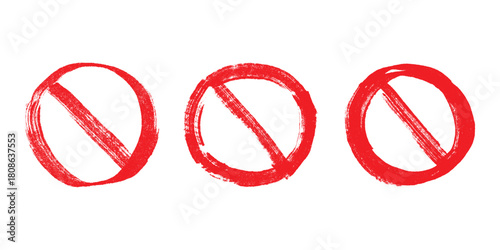 Set of hand drawn prohibition sign No entry symbol Red circle with cross line clipart in doodle style Ban Restriction Forbidden stop Single element for print, web, design