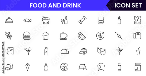 Food and drink web icons in line style. Meal, restaurant, dishes, fruits, fast food, burger, pizza, coffee, sandwich, collection. Vector illustration.